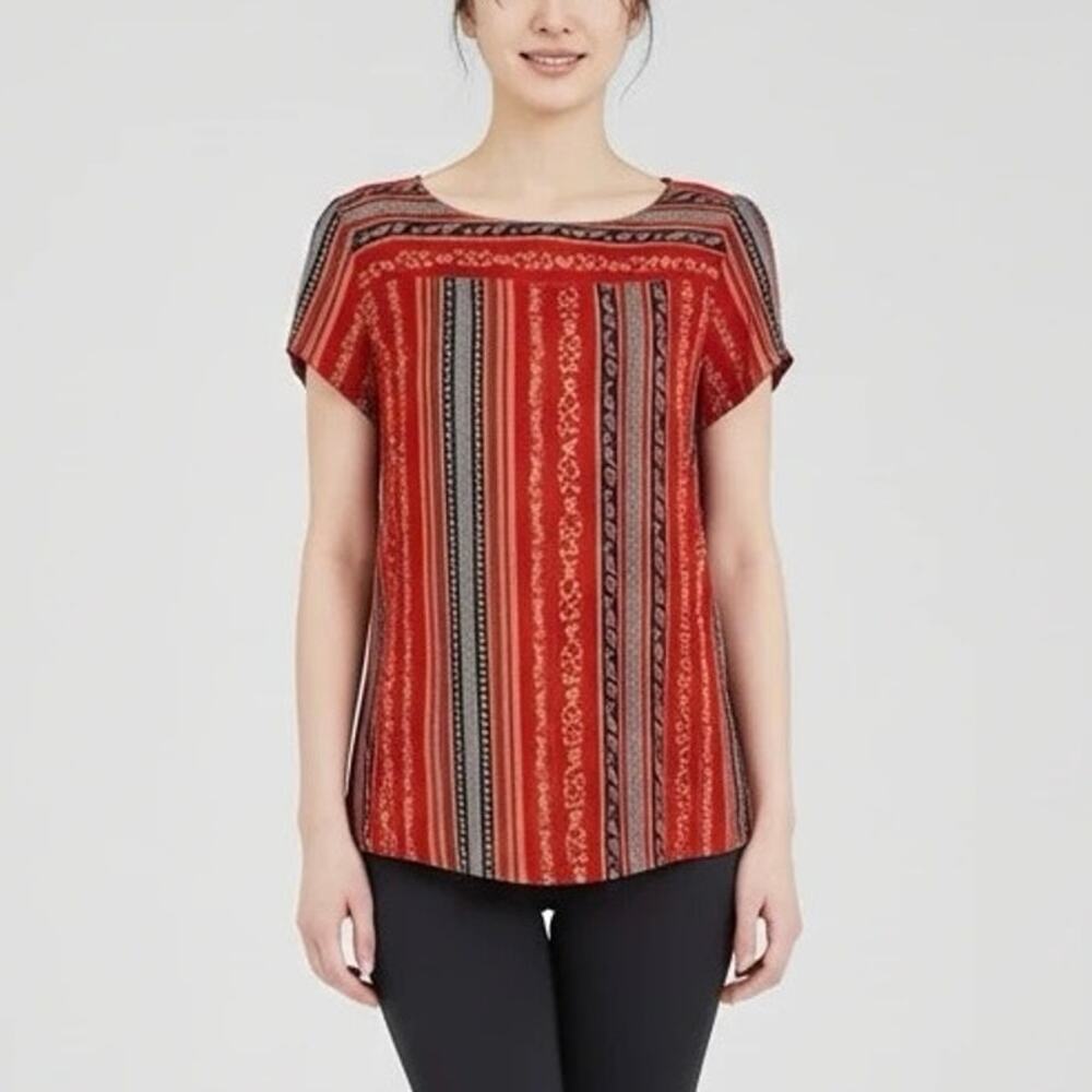 LOFT Red Floral Boho Blouse Size XXS Red Multi-Stripe Top